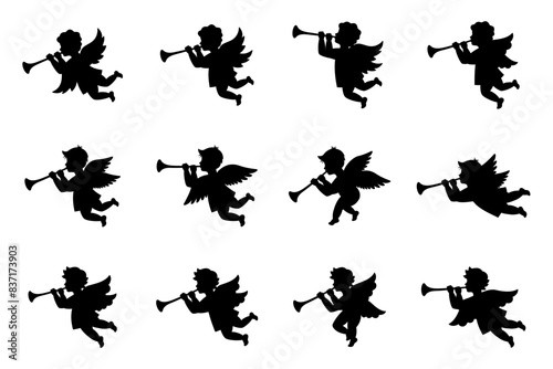 Cherub set. Angel with a wings. Herald angel blowing trumpet. Cherub blowing into a tube.