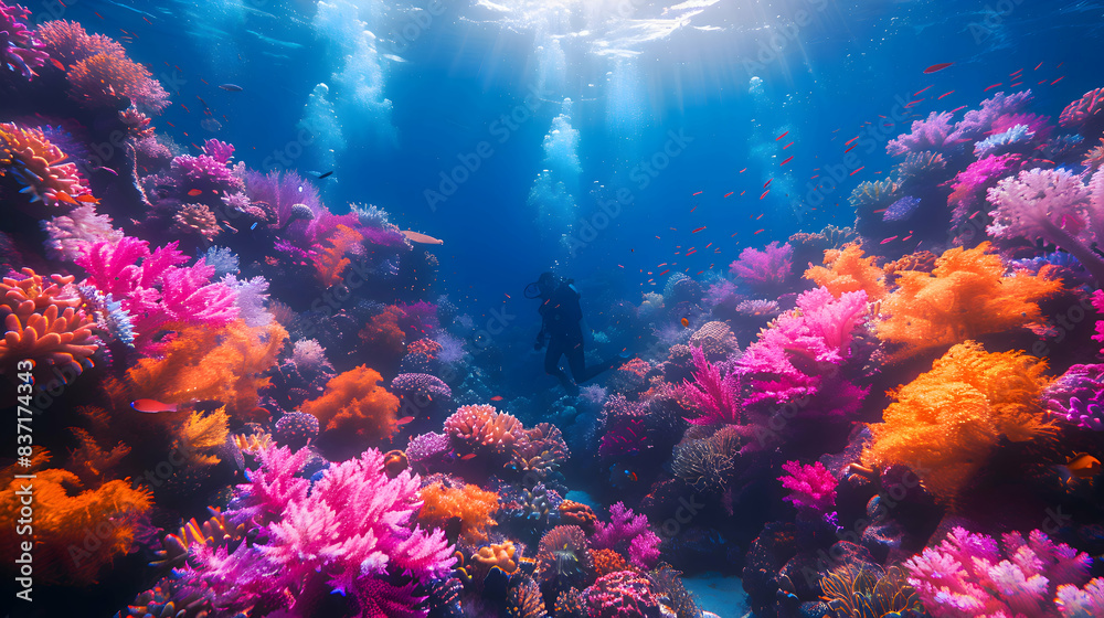 Fototapeta premium A vibrant nature coral reef landscape with a diver exploring the colorful underwater world