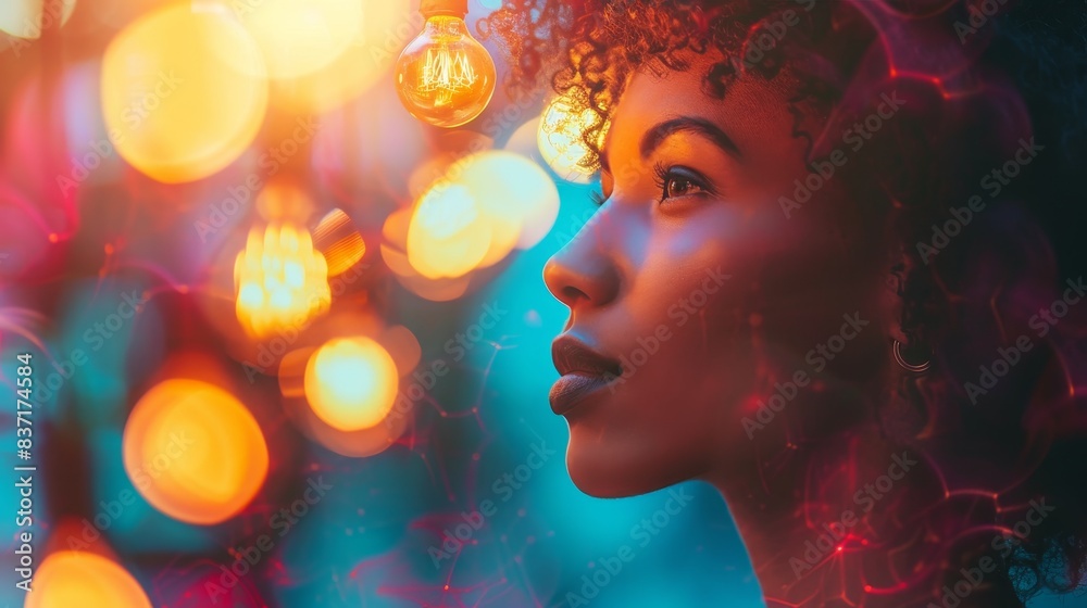 Conceptualizing African American woman with a lightbulb highlighting her innovation. Conceptualizing African American woman with a lightbulb highlighting her innovation.