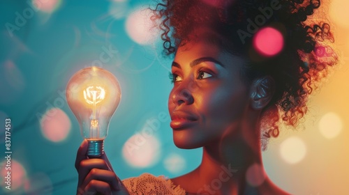 The glow of a lightbulb reflects an African American woman's vision and creativity.