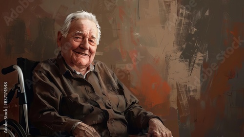 smiling elderly whitehaired man sitting contently in wheelchair joyful senior portrait digital painting photo