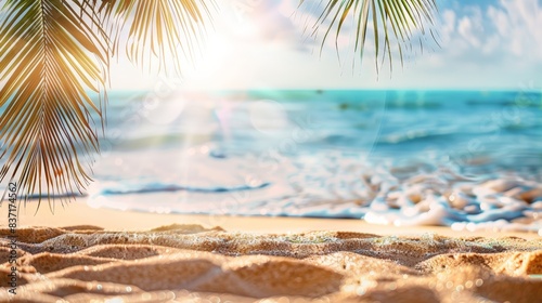 Beautiful wide panorama of a paradise beach with golden sand and palm leaves in blur. Summer banner © Murkemur