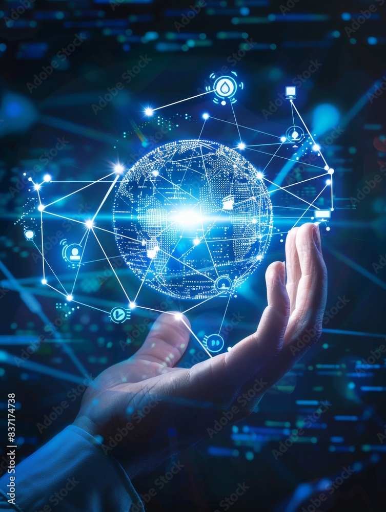 A hand presenting a global network interface, with cyber connections highlighting digital interaction.