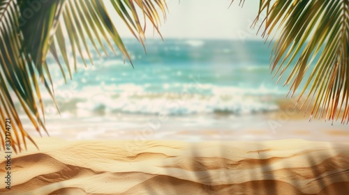 Beautiful wide panorama of a paradise beach with golden sand and palm leaves in blur. Summer banner