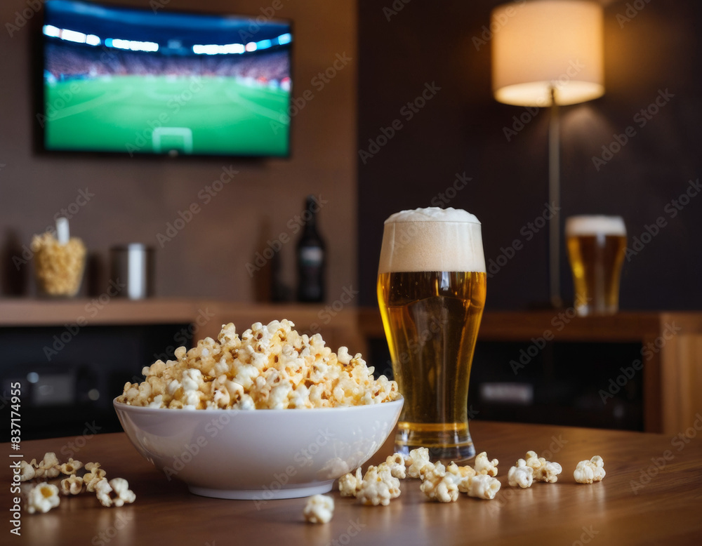 Watching football match o at home. View to glass of beer, bowl of popcorn, remote control on table in front of modern tv with football stadium Watching football match o at home. View to glass of beer, bowl of popcorn, remote control on table in front of modern tv with football stadium