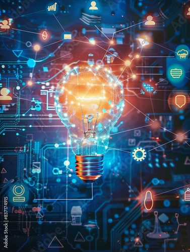 A lightbulb at the center of a digital universe, encapsulating the crossroads of technology and creative thought.