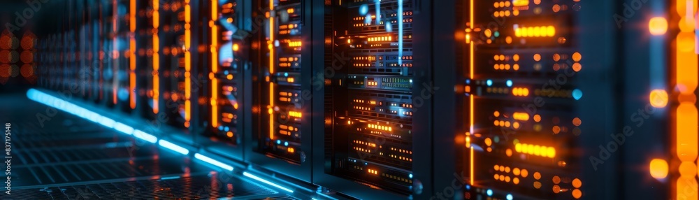 Detailed view of a data centers dynamic servers, showcasing the heart of technology with glowing orange lights in a cool, dark environment Detailed view of a data centers dynamic servers, showcasing the heart of technology with glowing orange lights in a cool, dark environment