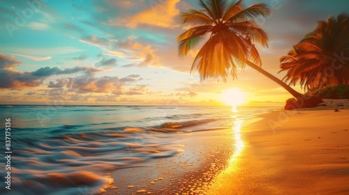 Summer blurred natural panoramic background of tropical beach with palm trees and golden sand at sunset