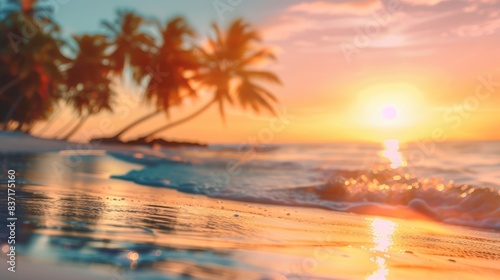 Summer blurred natural panoramic background of tropical beach with palm trees and golden sand at sunset