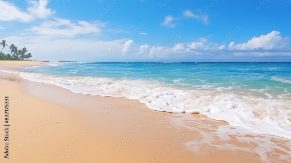 Beautiful wide panorama of a paradise beach with golden sand and palm leaves in blur. Summer banner Beautiful wide panorama of a paradise beach with golden sand and palm leaves in blur. Summer banner