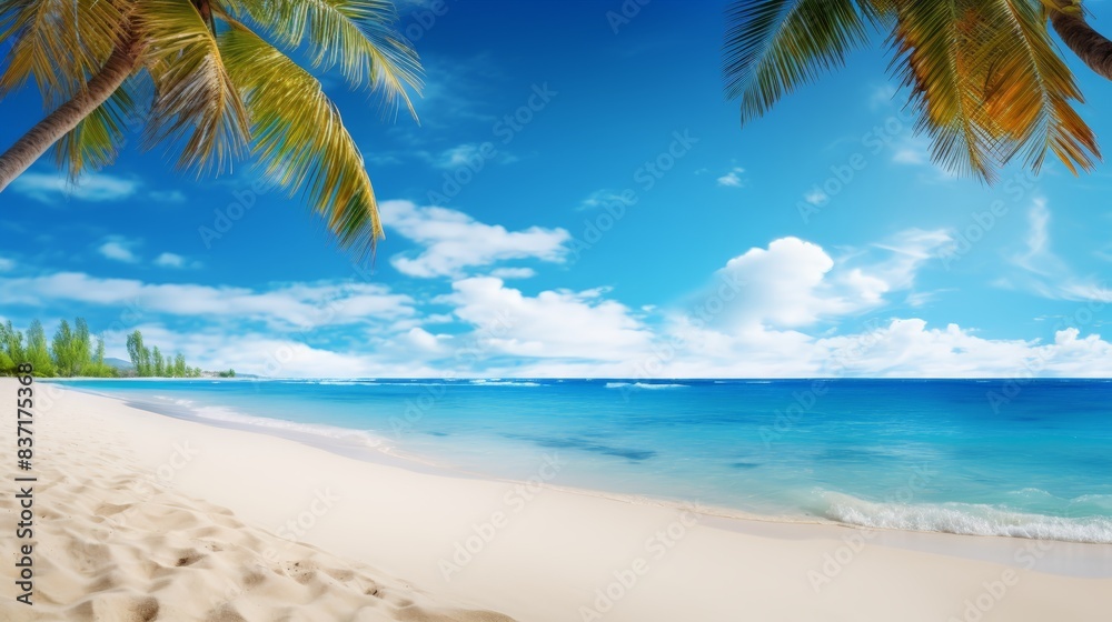 Beautiful wide panorama of a paradise beach with golden sand and palm leaves in blur. Summer banner Beautiful wide panorama of a paradise beach with golden sand and palm leaves in blur. Summer banner