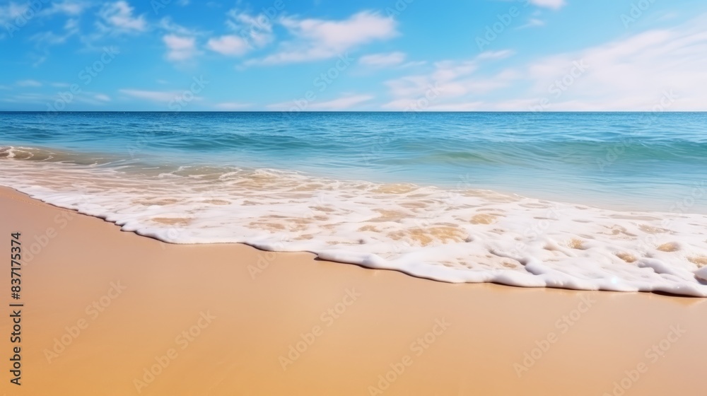 Beautiful wide panorama of a paradise beach with golden sand and palm leaves in blur. Summer banner Beautiful wide panorama of a paradise beach with golden sand and palm leaves in blur. Summer banner