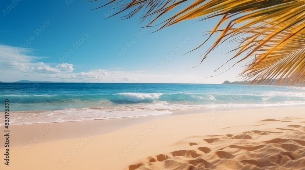 Obraz premium Beautiful wide panorama of a paradise beach with golden sand and palm leaves in blur. Summer banner
