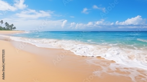 Beautiful wide panorama of a paradise beach with golden sand and palm leaves in blur. Summer banner