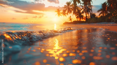 Summer blurred natural panoramic background of tropical beach with palm trees and golden sand at sunset