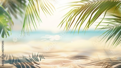 Fototapeta Naklejka Na Ścianę i Meble -  Beautiful wide panorama of a paradise beach with golden sand and palm leaves in blur. Summer banner