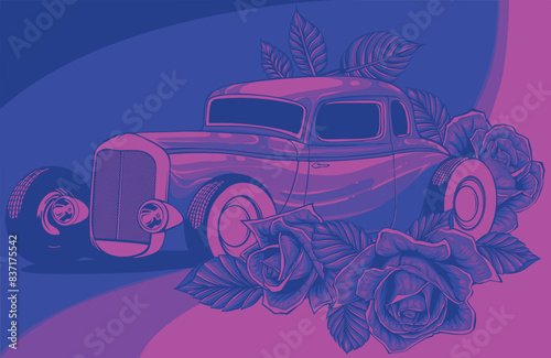 vector illustration of hot rod car with roses