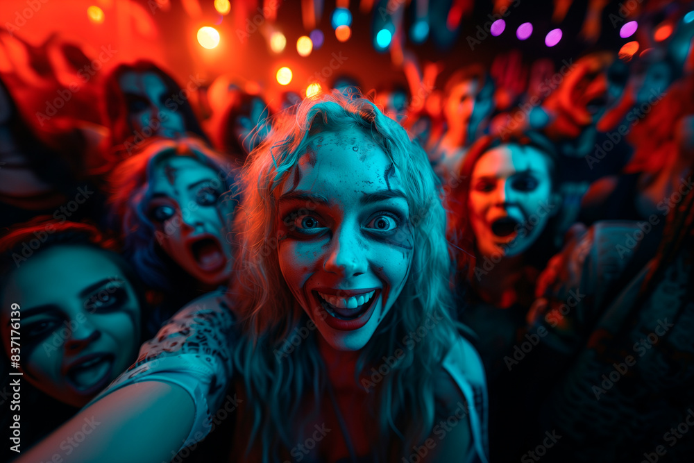 Obraz premium A group of people are at a party with a girl in the center of the group