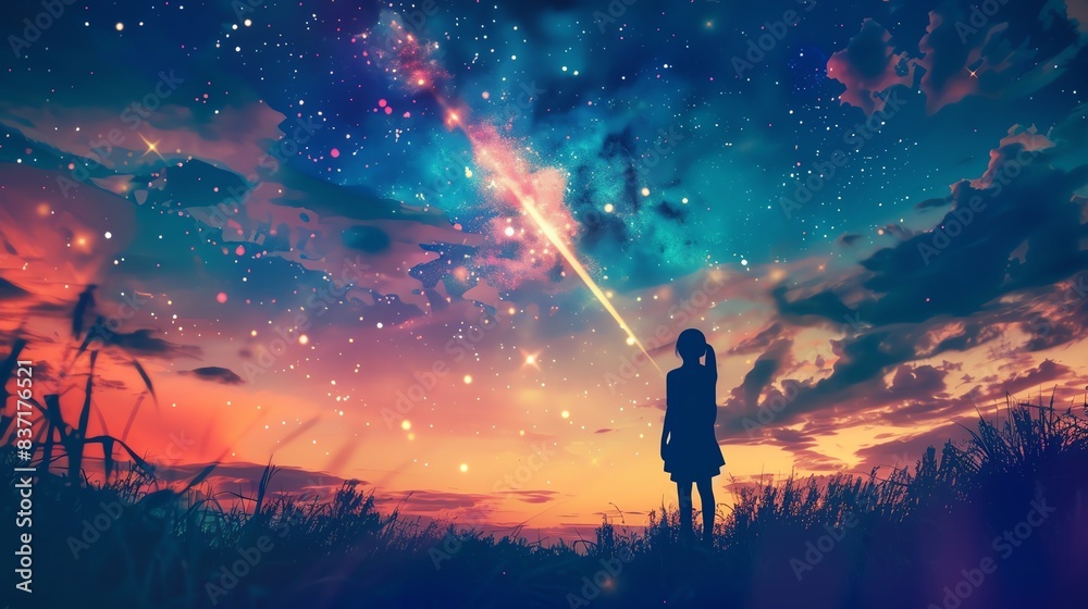 Fototapeta premium Shooting star across sky close up, focus on, copy space Bright and vivid colors Double exposure silhouette with wish