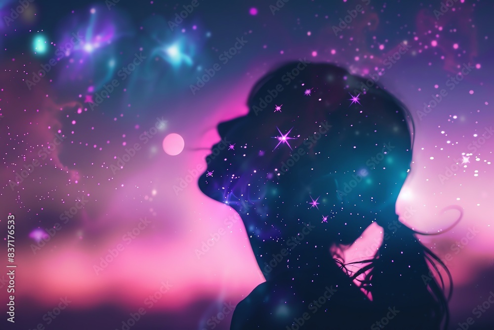 Night sky with stars close up, focus on, copy space Bright and vivid colors Double exposure silhouette with galaxy Night sky with stars close up, focus on, copy space Bright and vivid colors Double exposure silhouette with galaxy