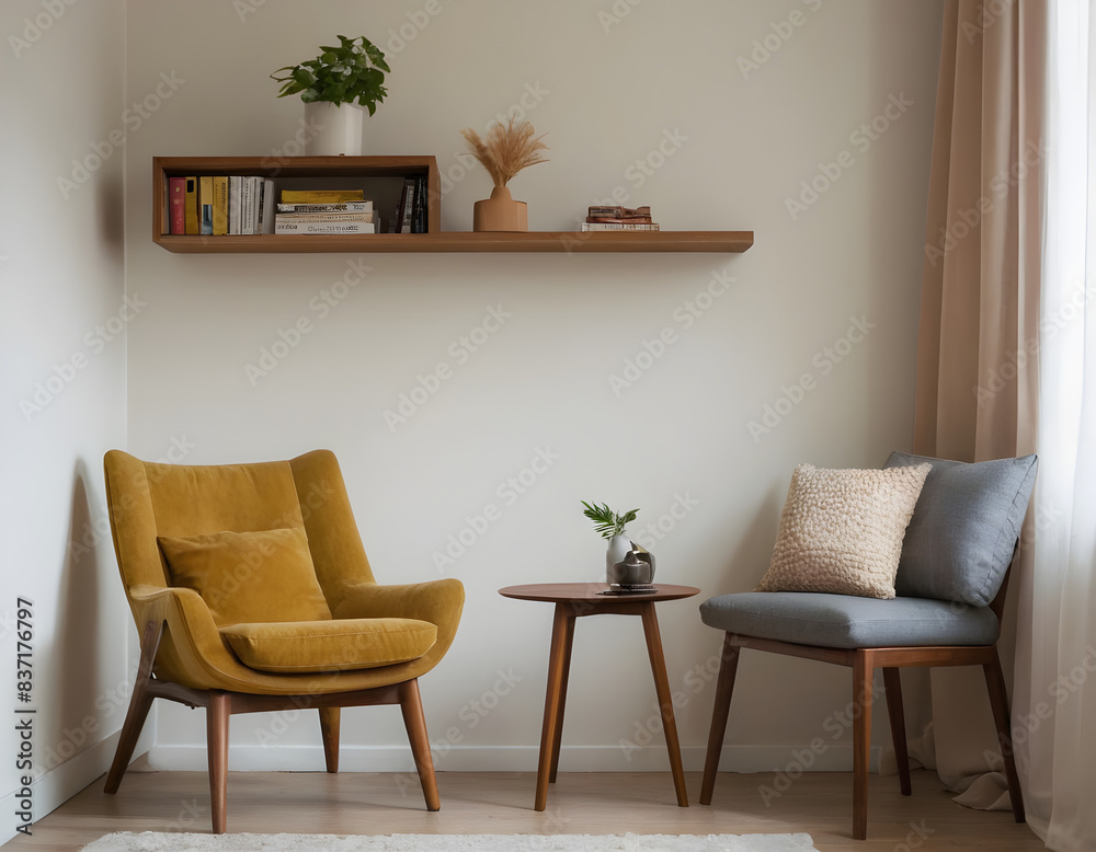 Minimal living room with a stylish yellow armchair, wooden round table, sofa with cushions, floating shelf, and indoor plants Minimal living room with a stylish yellow armchair, wooden round table, sofa with cushions, floating shelf, and indoor plants