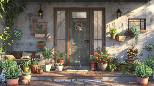A charming front porch adorned with potted plants, comfortable seating, and a welcoming entryway, creating an inviting and cozy space for relaxation and socializing. Generative AI © Ammar