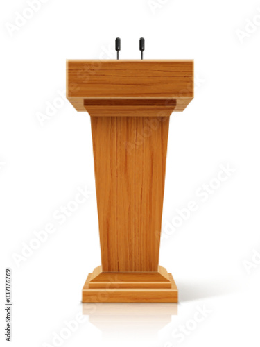 Wooden podium with microphone. Wooden speech stand.