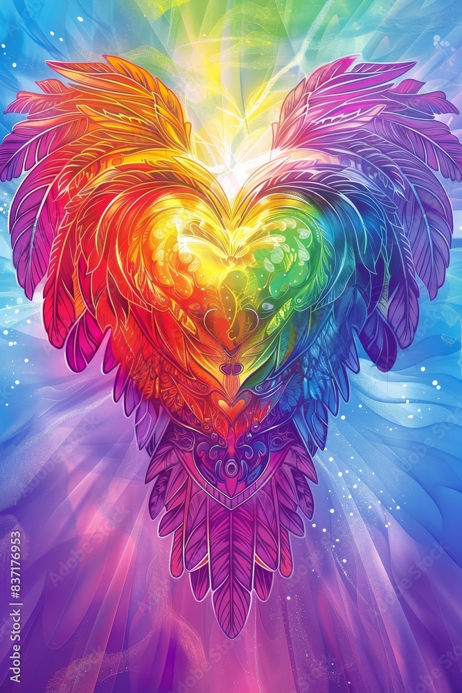 Rainbow Heart with Angel Wings Vector on Radiant Light Rays Background Rainbow Heart with Angel Wings Vector on Radiant Light Rays Background