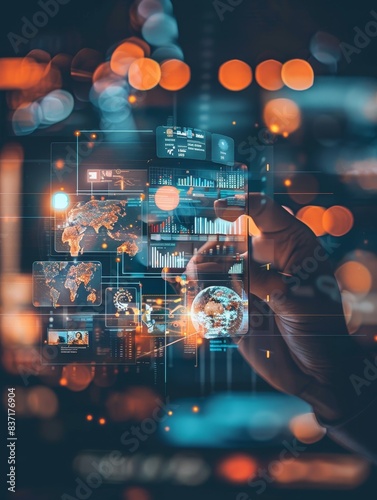 Conceptual technology image, showcasing a human hand and digital icons signifying network and data interaction.
