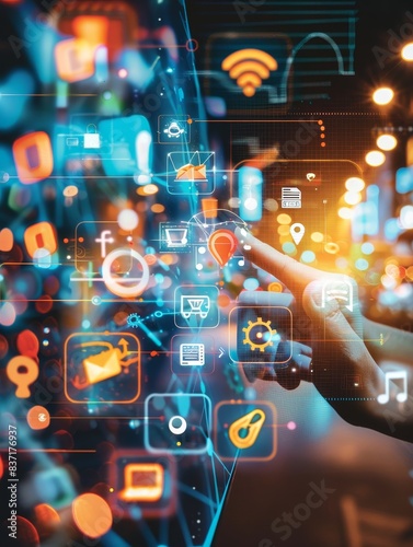 Illustration of a digital networking concept, a human hand engaged with floating interface icons.