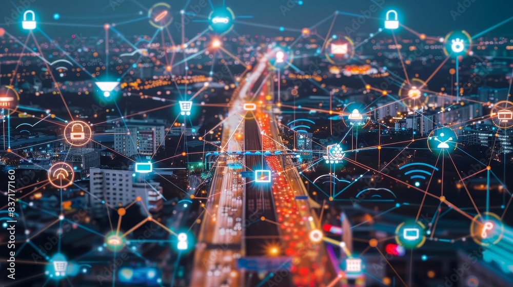 Technology and city life merge in an abstract vision of connectivity, where every node is a hub of digital activity. Technology and city life merge in an abstract vision of connectivity, where every node is a hub of digital activity.