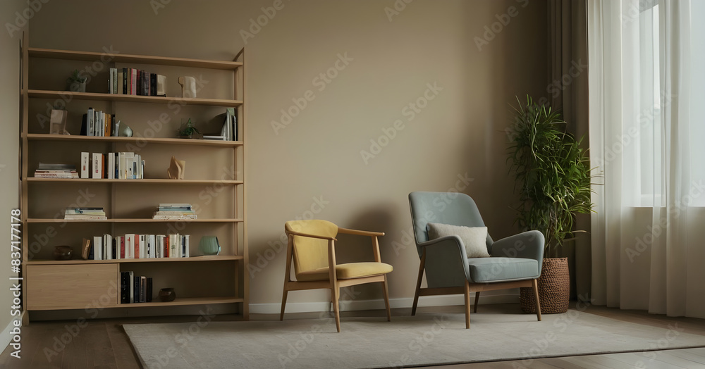 Serene minimalist home with a spacious living room showcasing a stylish armchair, wooden bookshelf, and decor in soft natural lighting Serene minimalist home with a spacious living room showcasing a stylish armchair, wooden bookshelf, and decor in soft natural lighting