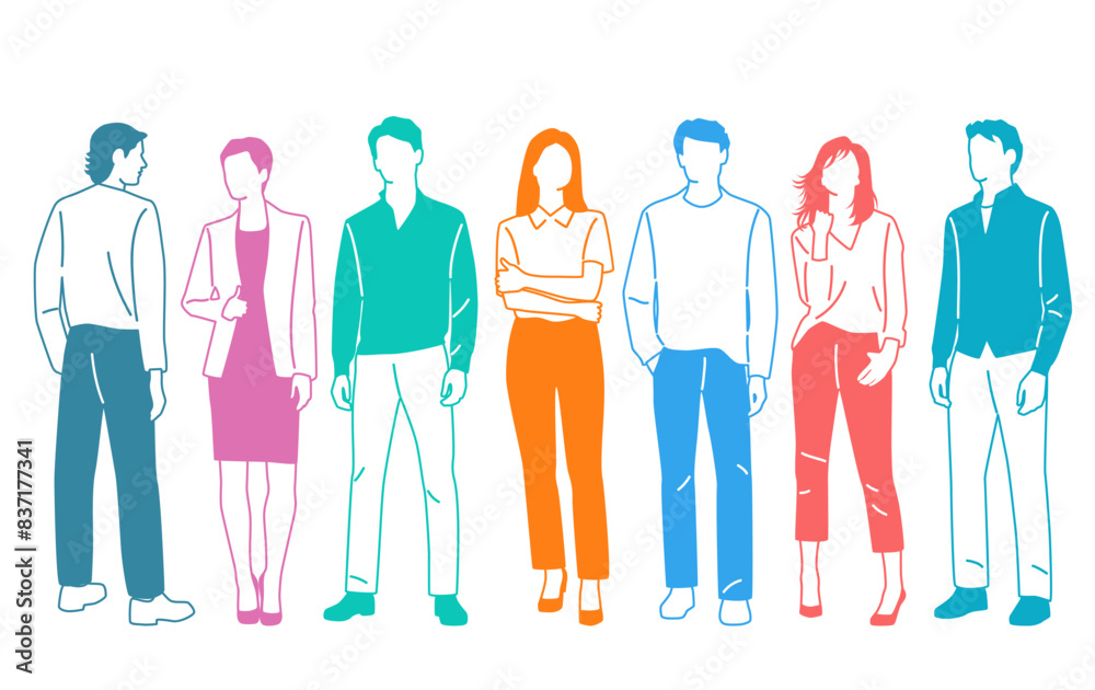 Group men and women stand, different colors, cartoon character, silhouettes standing people, design concept of flat icon, hand draw vector illustration,isolated on white background Group men and women stand, different colors, cartoon character, silhouettes standing people, design concept of flat icon, hand draw vector illustration,isolated on white background