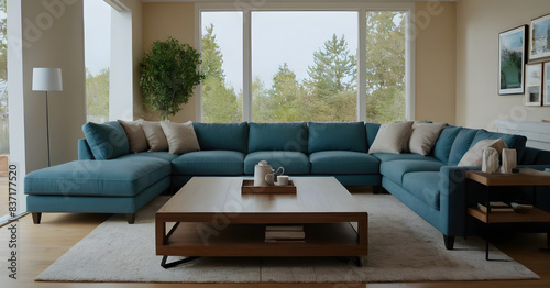 Cozy and stylish living room featuring a large blue sofa, wooden coffee table, and expansive windows overlooking a serene forest