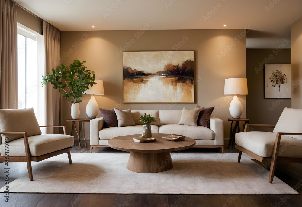 Sophisticated modern living room with elegant furniture, abstract art, and warm neutral tones for a stylish and inviting ambiance Sophisticated modern living room with elegant furniture, abstract art, and warm neutral tones for a stylish and inviting ambiance