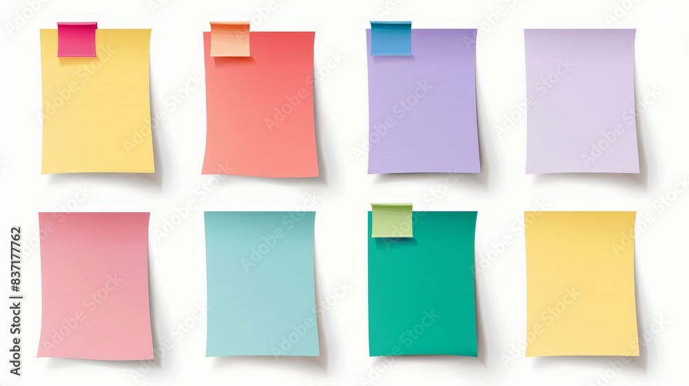 Collection of colorful sticky notes arranged in two rows on a white background. There are eight sticky notes in total, with the top row Collection of colorful sticky notes arranged in two rows on a white background. There are eight sticky notes in total, with the top row