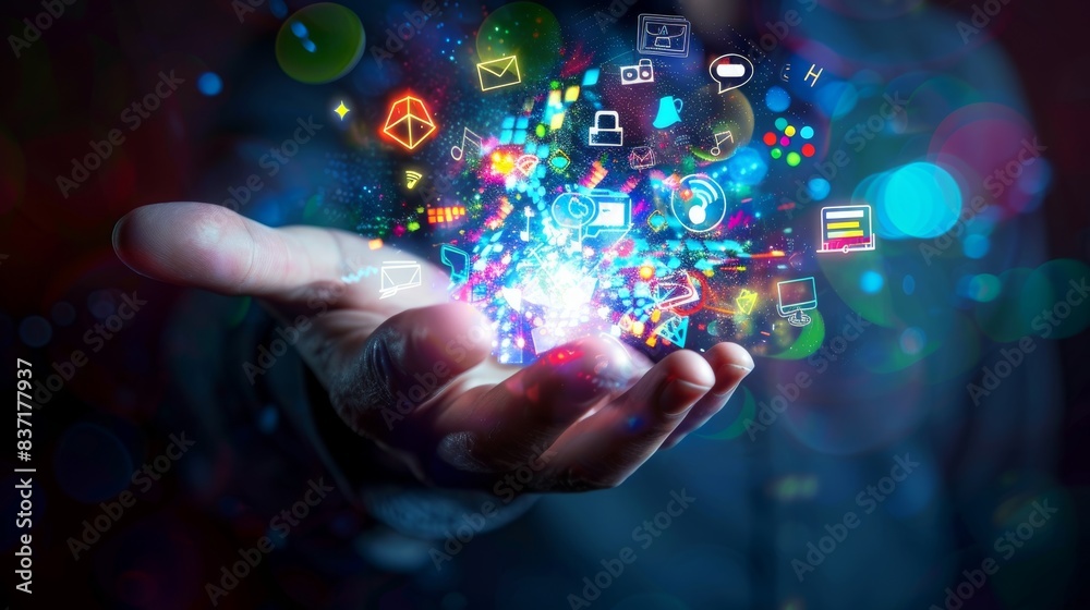 Hand gesturing in an explosion of vibrant multimedia icons in augmented reality. Hand gesturing in an explosion of vibrant multimedia icons in augmented reality.