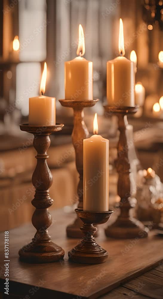 A table with candles in wooden holders The candles are lit and the mood is warm and cozy Vertical video