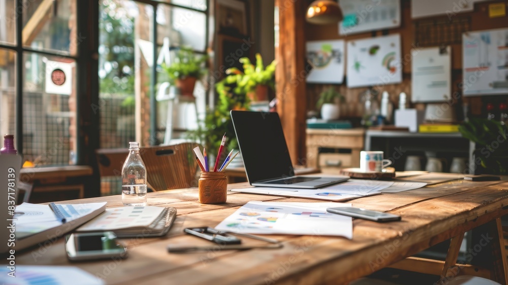 The wood grain desk holds the key tools for a productive workday, including a laptop, pens, and glasses. The wood grain desk holds the key tools for a productive workday, including a laptop, pens, and glasses.