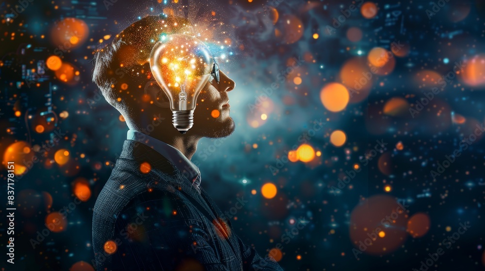 A conceptual portrait of a man, where technology meets the glowing spark of innovation. A conceptual portrait of a man, where technology meets the glowing spark of innovation.