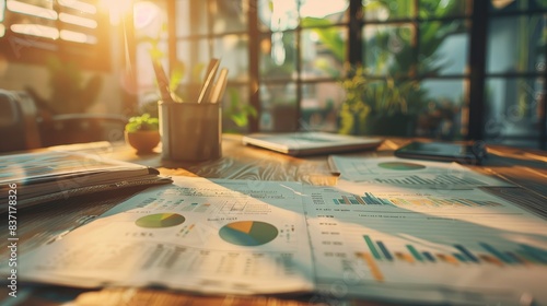 Office workspace with a detailed analysis on charts, a clipboard, and a laptop ready for the day's work.