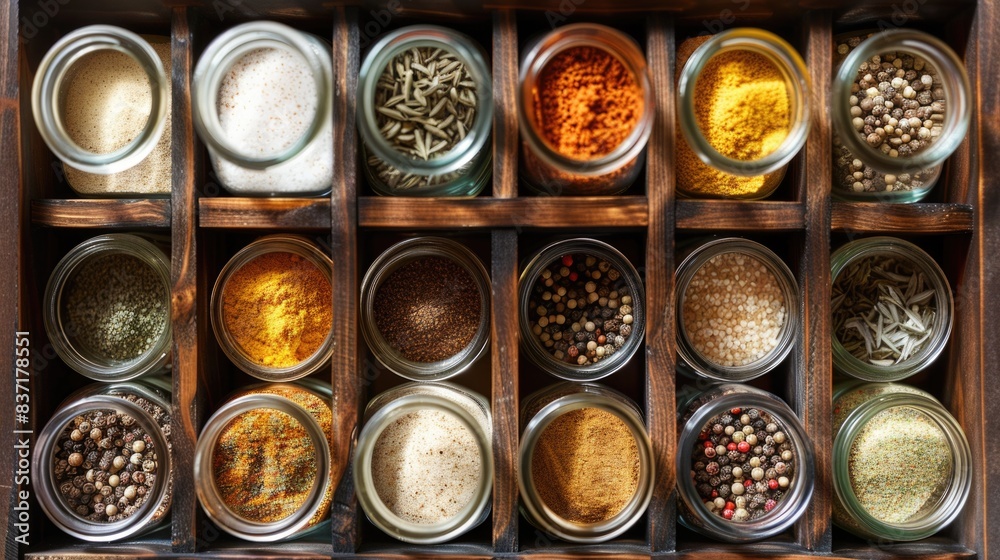 A spice rack with different varieties of seasonings A spice rack with different varieties of seasonings