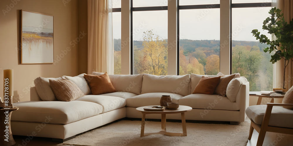 Modern living room with large windows showcasing a breathtaking autumnal forest scene, complete with comfortable furniture and warm decor accents Modern living room with large windows showcasing a breathtaking autumnal forest scene, complete with comfortable furniture and warm decor accents