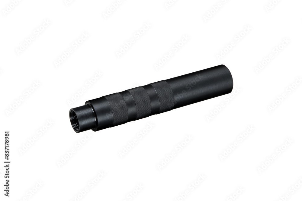 Black silencer for weapons. Suppressor that is at the end of an assault rifle. Isolate on a white back. Black silencer for weapons. Suppressor that is at the end of an assault rifle. Isolate on a white back.