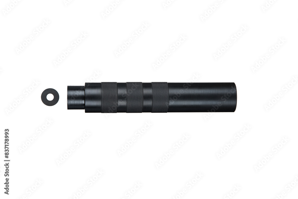 Black silencer for weapons. Suppressor that is at the end of an assault rifle. Isolate on a white back. Black silencer for weapons. Suppressor that is at the end of an assault rifle. Isolate on a white back.