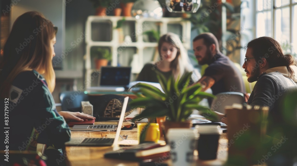 Team members gather around a wooden table for a brainstorming session in a plant-filled cafe. Team members gather around a wooden table for a brainstorming session in a plant-filled cafe.