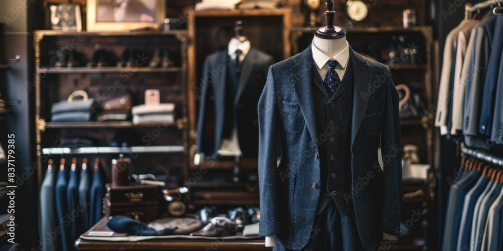 Fototapeta premium A tailor trying on the suit of an unrecognizable gentleman in a tailor shop