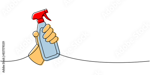 Hand with anti-bacterial spray one line colored continuous drawing. Cleaning service tools continuous one line illustration. Vector illustration.