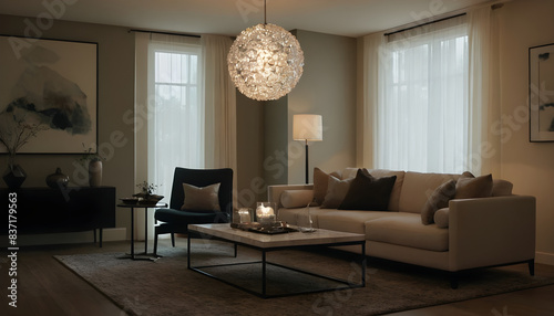 Elegant contemporary living room featuring plush seating, sophisticated lighting, and tasteful art, exuding comfort and luxury in a minimalist setting