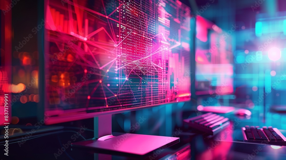 Multi-screen analytics dashboard displaying digital networks and computing statistics.